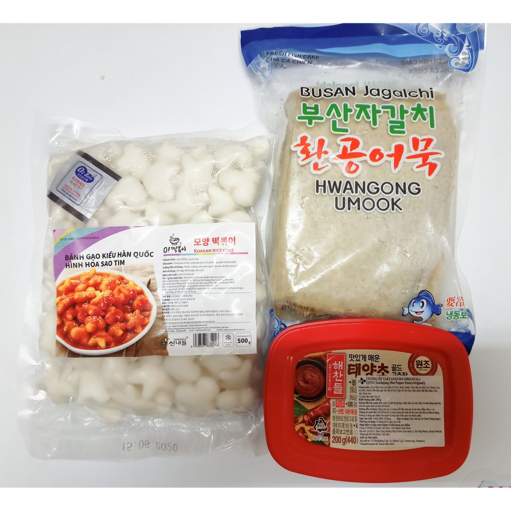 COMBO 500G BÁNH GẠO HOA SAO TIM + 450G CHẢ CÁ HÀN QUỐC+ 200G SỐT GOCHUJANG HÀN QUỐC