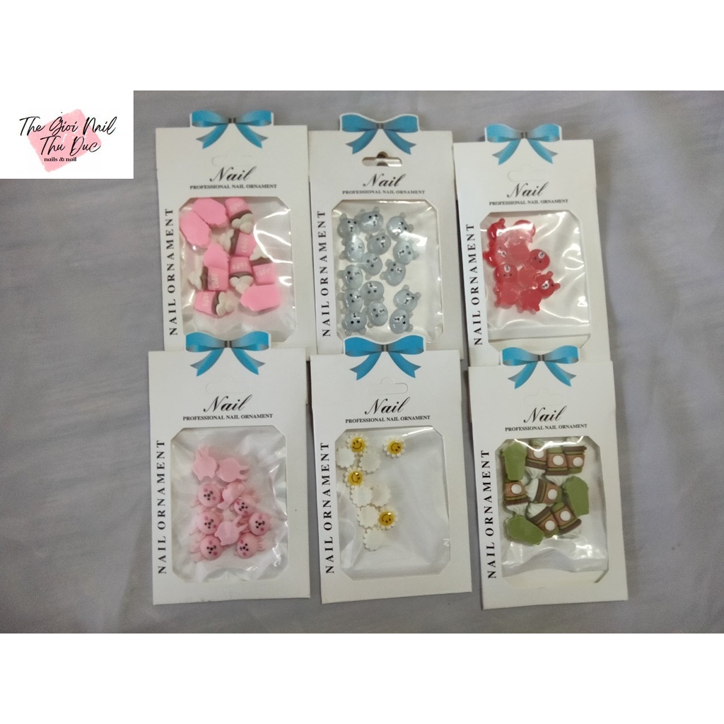 Charm, icon, nơ đính móng tay, móng chân, hình 4D, hoa văn nổi xinh sễu