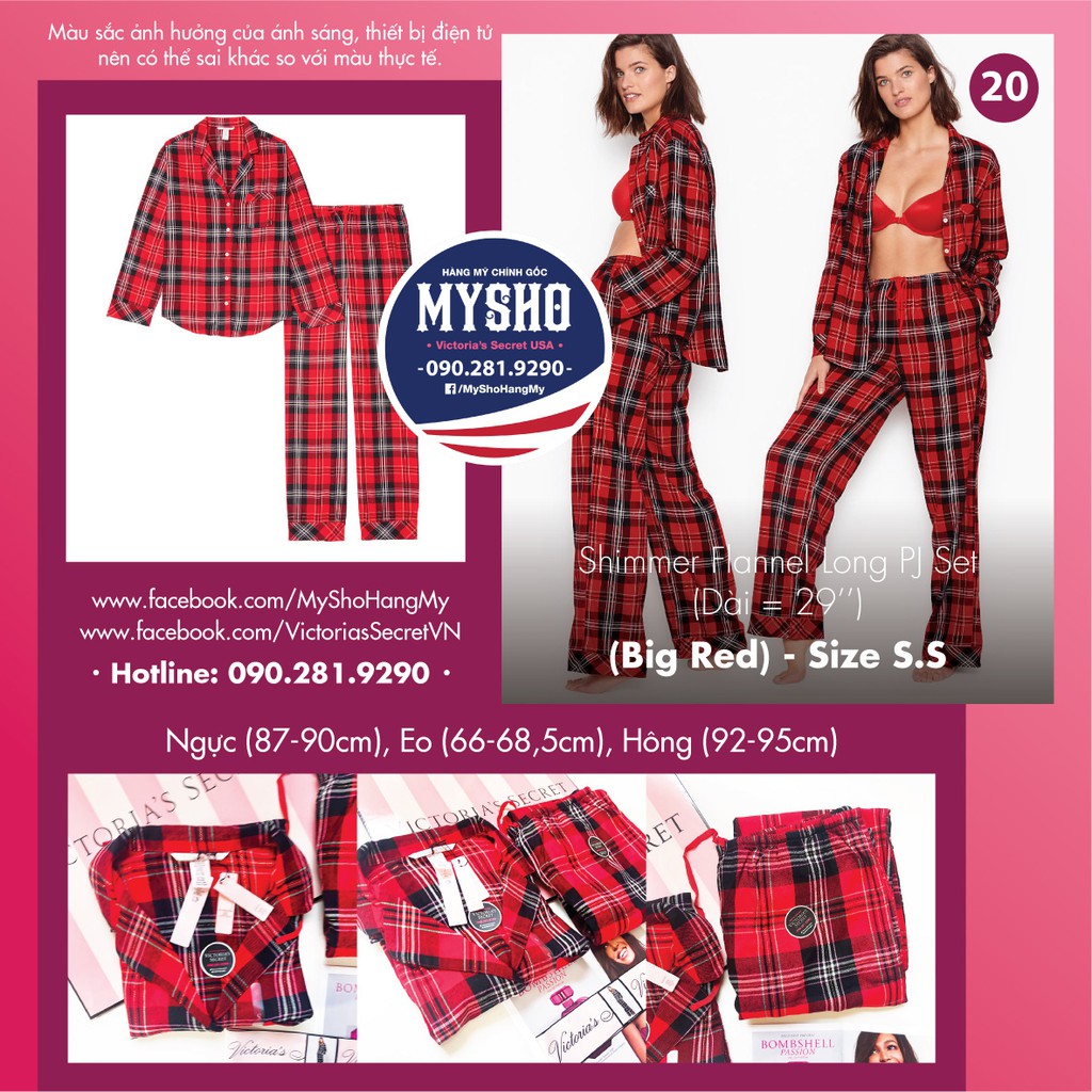(Sleep S) - Bộ đồ ngủ dài, đỏ caro đen (20), viền lấp lánh, Shimmer Flannel Long, Big Red - Victoria's Secret