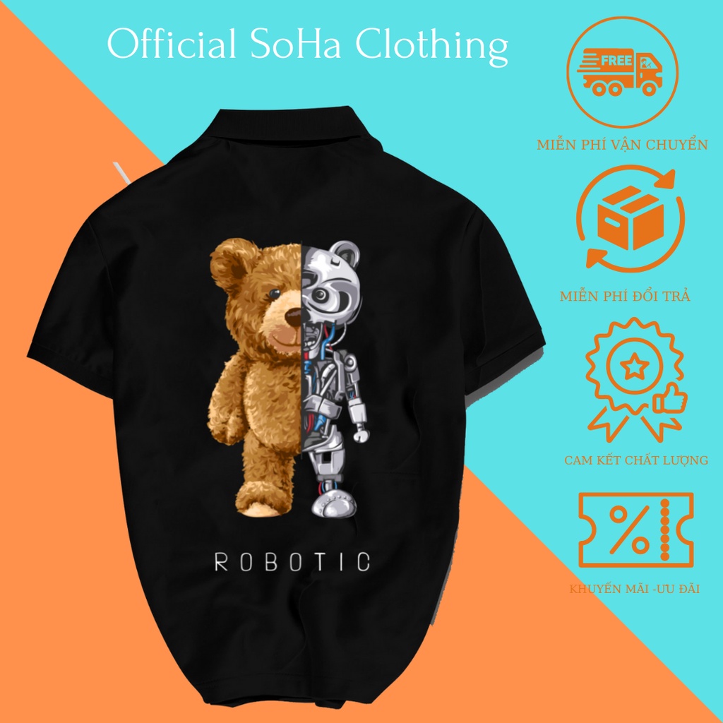 Áo Thun Polo Nam Basic cổ bẻ vải Cá Sấu chuẩn form,hình in sắc nét,  BEAR ROBOTIC -SoHa Clothing