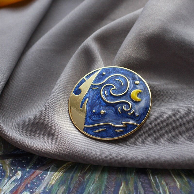 Trâm Cài Áo Hình Tranh Sơn Dầu Hoa Hướng Dương Đính Ngọc Trai Giả Tráng Men Phong Cách Van Gogh