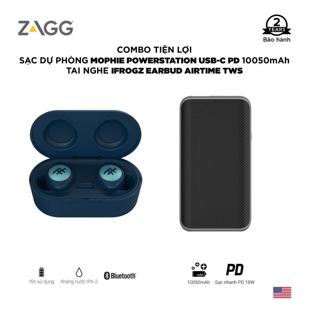 Combo: Tai nghe iFrogz earbud không dây Airtime - Sạc dự phòng Mophie Powerstation USB-C Power Delivery 10050mAh