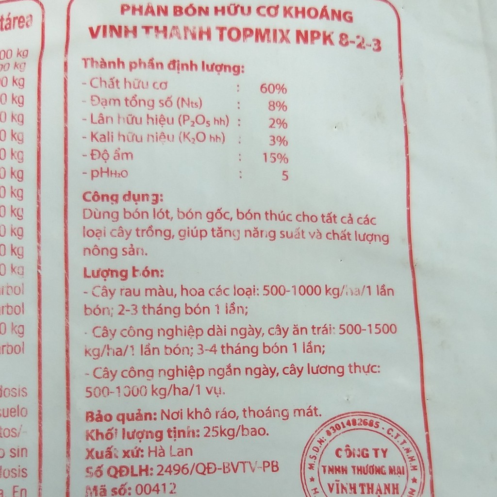 Phân Hữu Cơ Cao Cấp Hà Lan , Phân bón hữu cơ TOPMIX chuyên dùng cho hoa hồng, cây kiểng, rau màu...