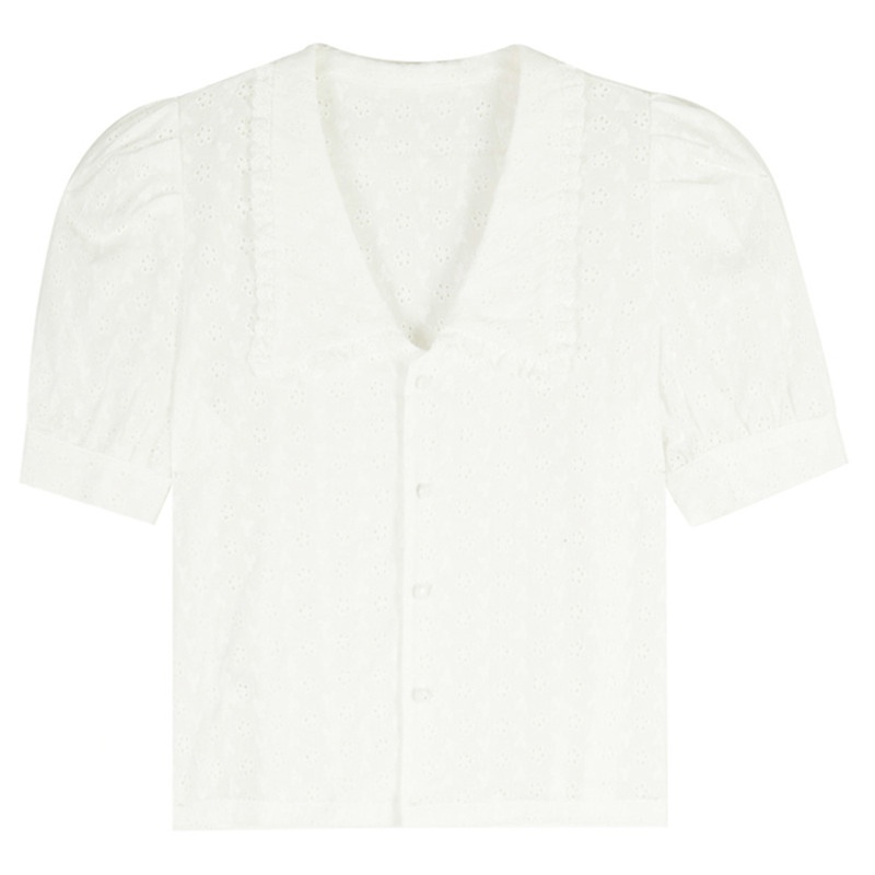 SUXI Áo kiểu nữ tay ngắn phối ren xinh xắn phong cách retro