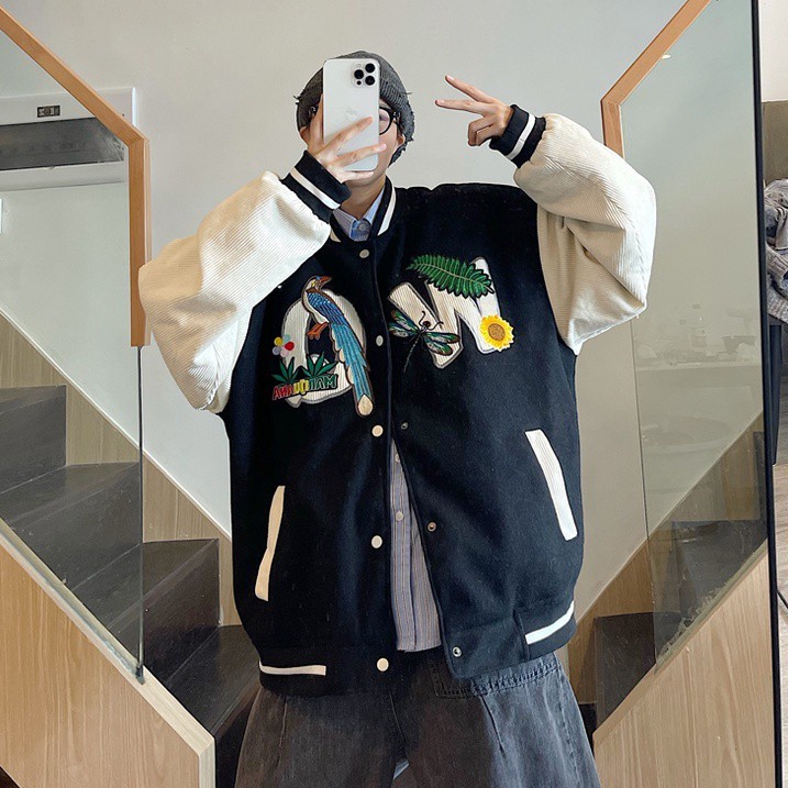 Áo Khoác Bóng Chày Vải Nhung Dáng Rộng Thêu Họa Tiết Kiểu Hàn Quốc Cá Tính Cho Nam