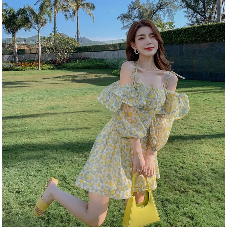 Sẵn - Đầm Hoa Nhí | Đầm Hoa Nhí Nữ Dáng Ngắn Xòe 2 Lớp Trễ Vai Sexy Thời Trang Ulzzang Hàn Quốc