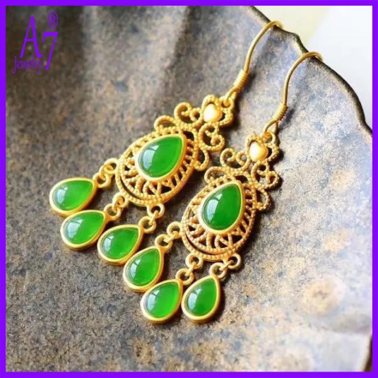 Bông Tai Bạc 925 A7 Hình Giọt Nước Phối Tua Rua Dài n Kiểu Retro