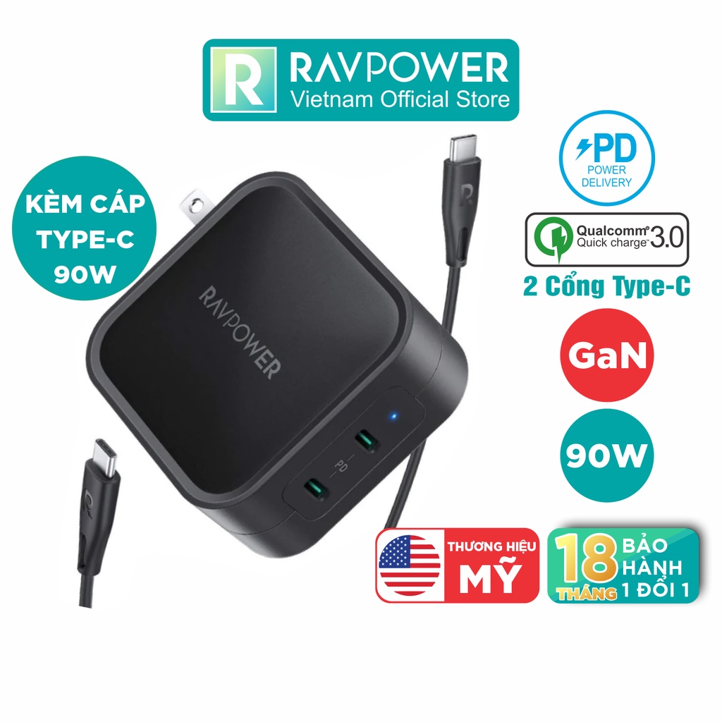 Củ Sạc RAVPower RP-PC128 PD 90W Công Nghệ GaN 2 Cổng Type-C Sạc Macbook, Smartphone, Tablet, Laptop - Hàng Chính Hãng