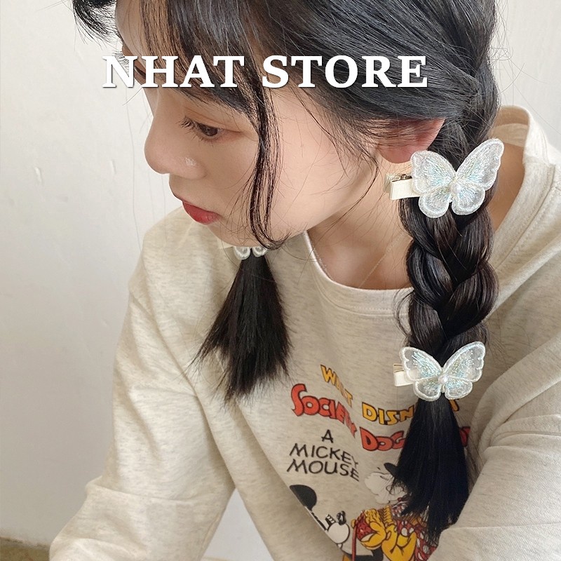 Kẹp tóc mái thời trang cho nữ, kẹp mỏ vịt hình bướm thêu Nhat Store