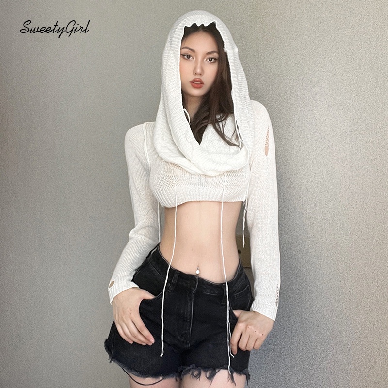 Áo thun tay dài có mũ trùm màu trắng trơn thời trang 2022 cho nữ