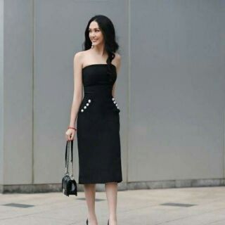 Đầm body đen cúp ngực phối nút trắng ME72