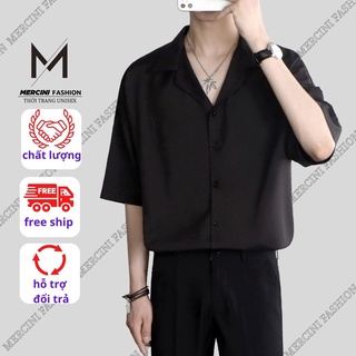 Áo sơ mi nam mercini sơ mi tay ngắn áo sơ mi lụa thiết kế cổ vest unisex basic màu trắng và đen asm12