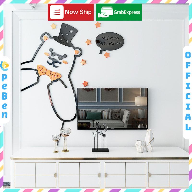 Tranh dán tường mica 3d decor khổ lớn gấu lớn lịch lãm Dán Cửa trang trí mầm non, phòng cho bé Nhiều Size - EPeBen