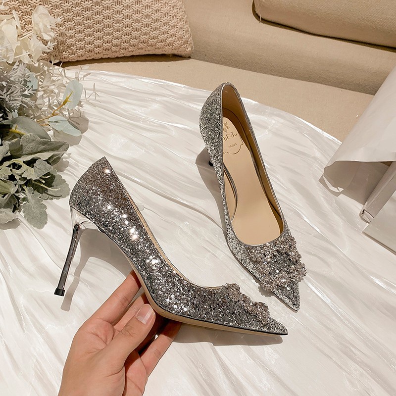 Giày Cao Gót Ánh Bạc Đính Kim Sa Lấp Lánh Thời Trang Mới 2021 Cho Phù Dâu