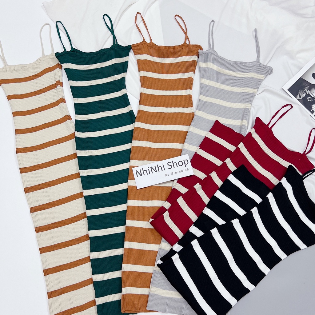 Váy body len kẻ ngang 2 dây dáng dài maxi, Đầm dáng ôm sexxy co giãn VL9912 - NhiNhi Shop