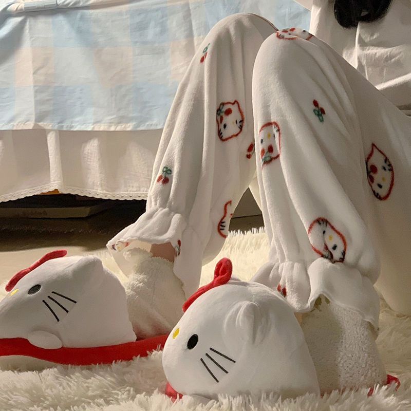 Quần Ngủ Chất Nỉ Dày Dặn In Họa Tiết Hello Kitty Dễ Thương Thời Trang Thu Đông Cho Nữ
