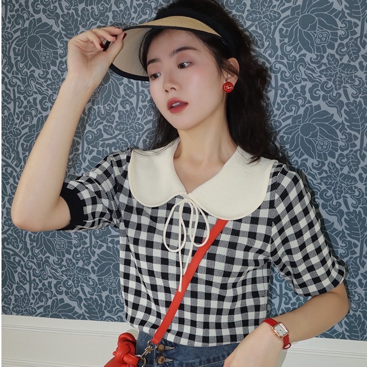 [Hana And Alice] Áo Dệt Kim POLO Ngắn Thắt Cà Vạt Kiểm Tra