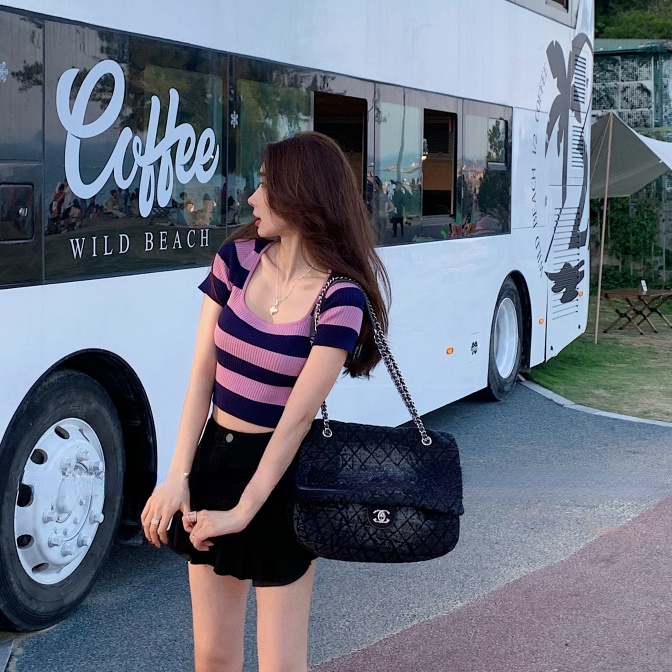 Linki ❀ Áo Dệt Kim Ngắn Tay Cổ Vuông Họa Tiết Kẻ Sọc Thời Trang Hàn Quốc Cho Nữ
