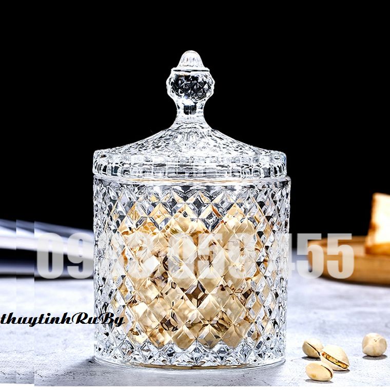 Hũ mứt thủy tinh kim cương, thố mứt lọ đựng bánh kẹo ngày tết kiểu đẹp