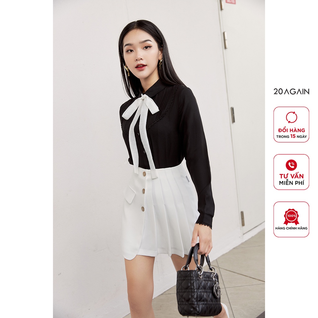 Áo sơ mi nữ dài tay cổ nơ 20AGAIN, xếp ly ngực tinh tế, thanh lịch, chất voan gân cao cấp ASA2095