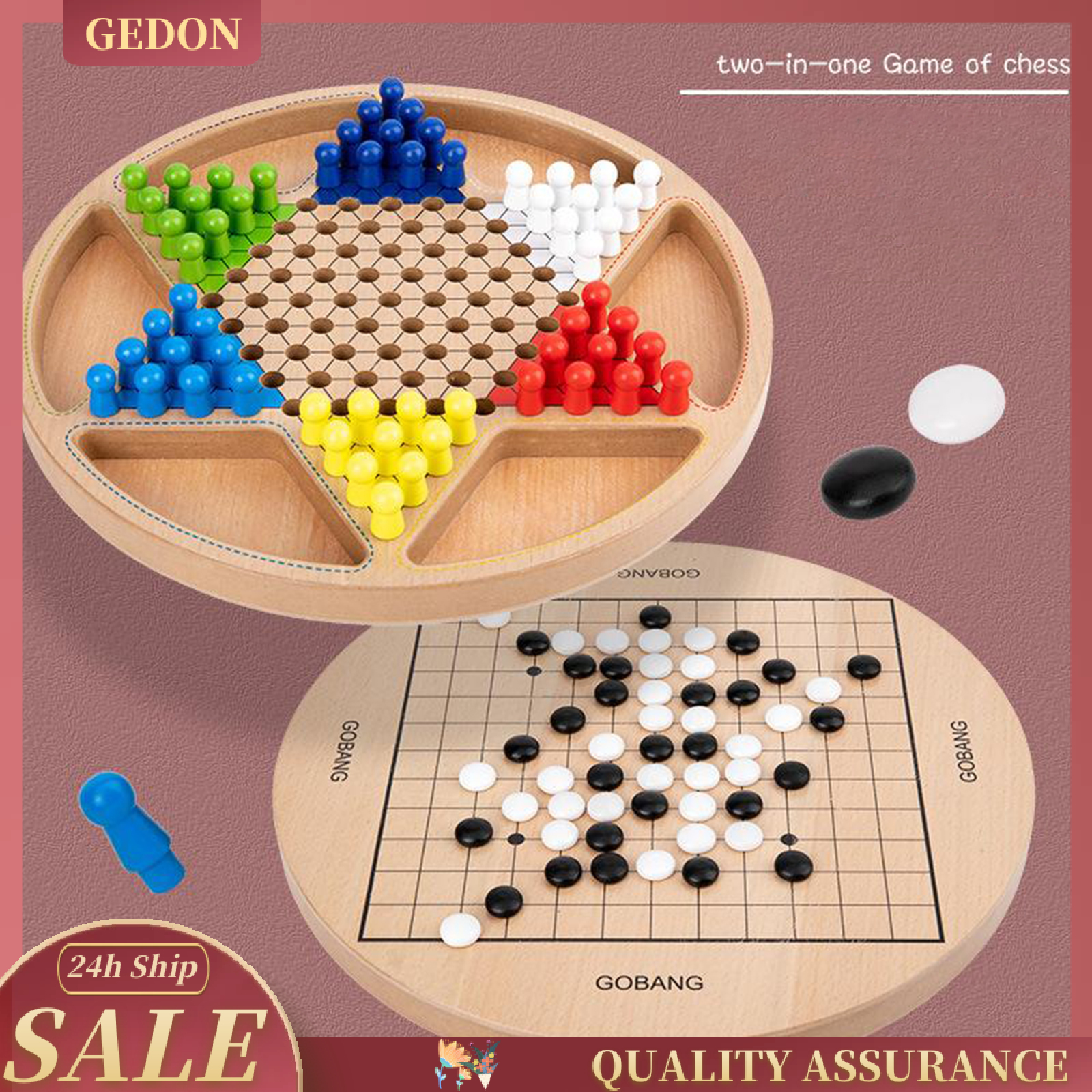 2 in 1 Chinese Checkers Board Game Mini Wooden Travel Set with Coloured Pegs for Adults, Boys and Girls in 6 Colors for Up to Six Players