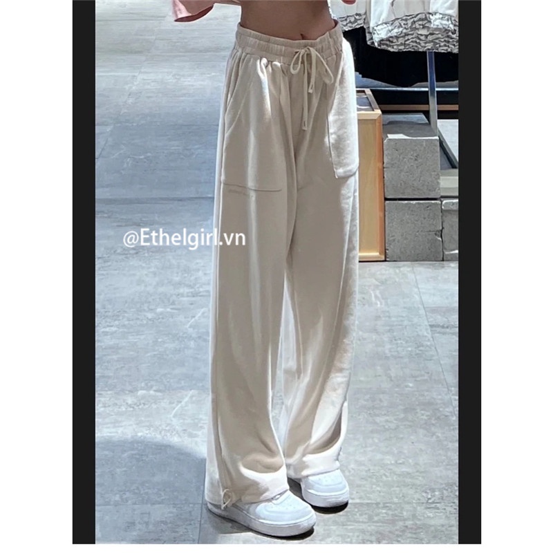 Quần Thể Thao Lưng Cao Ống Rộng Phối Dây Rút Phong Cách retro Mỹ Size S-4XL