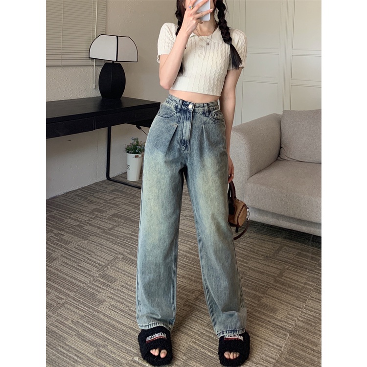 Xiaozhainv Quần Jeans Nữ Lưng Cao Ống Rộng Thời Trang Hàn