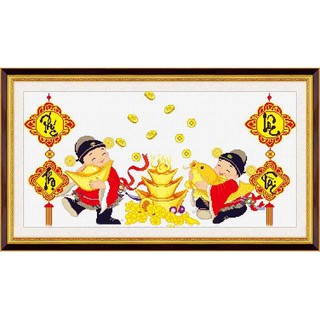Tranh thêu chữ thập Phúc thọ lộc tài - Thần tài ôm vàng, ôm cá chép DLH-22273 ( 83x46 ) chưa thêu