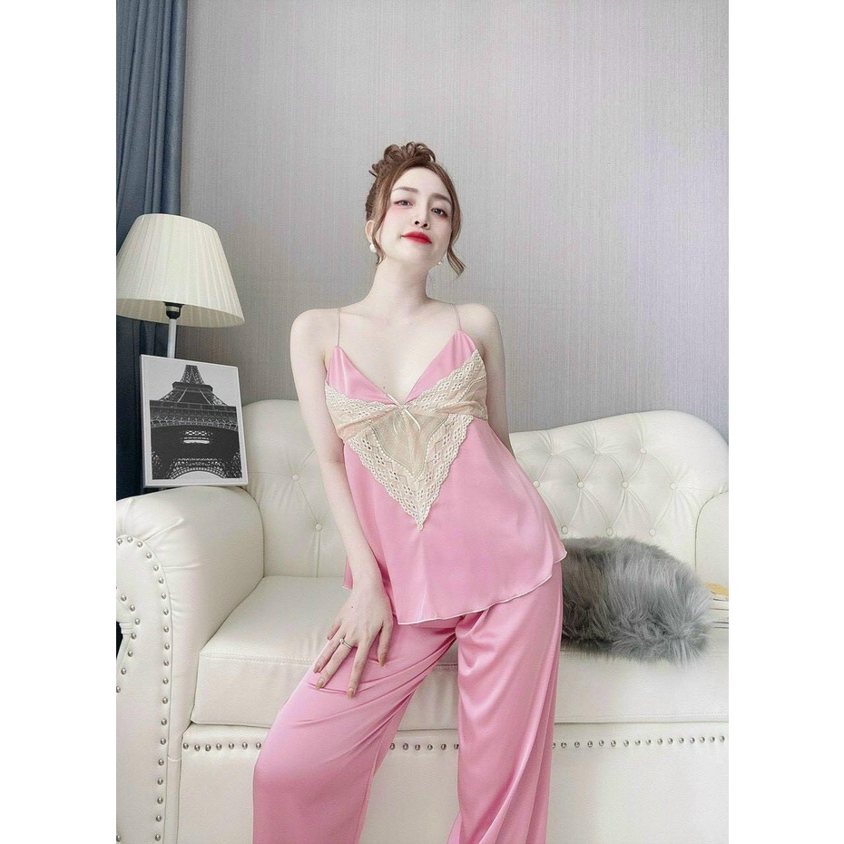 Bộ satin lưới áo hai dây, quần dài, siêu gợi cảm, quý phái cho nữ mặc nhà, mặc ngủ, màu cực tôn da