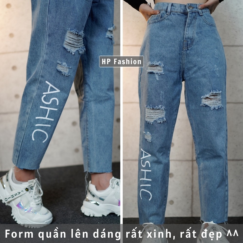 Quần baggy nữ ❤️ Quần jean cạp lưng cao in chữ ASHIC phối rách cá tính, chất bò dày dặn - QJ10 | BigBuy360 - bigbuy360.vn