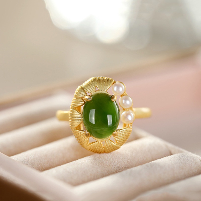 Nhẫn Mạ Bạc S925 Mạ Vàng 18K Đính Đá Ngọc Bích Nhân Tạo Thanh Lịch