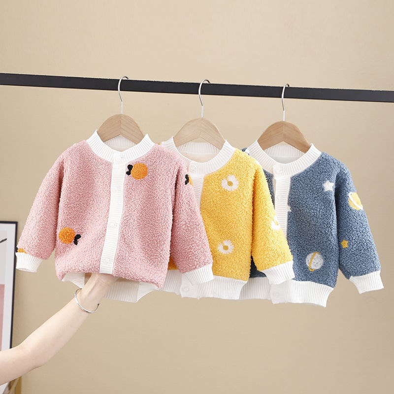 Áo khoác cardigan hai mặt vải nhung lông cừu giữ ấm mùa xuân thu dành cho bé 0-4 tuổi