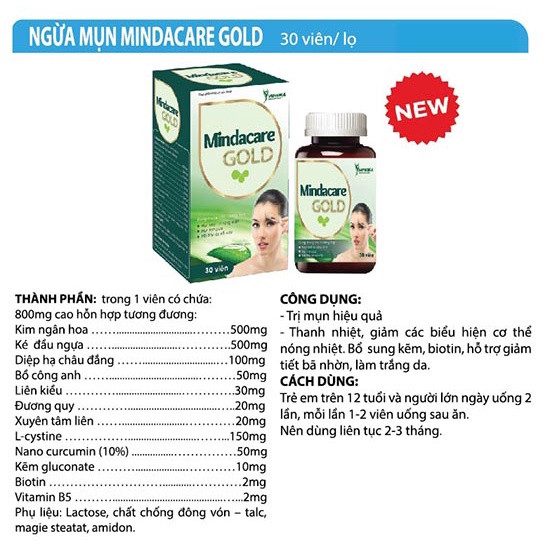 Viên uống Mindacare Gold - giúp thanh nhiệt, tiêu độc, giảm mụn cám, mụn trứng cá, làm đẹp da
