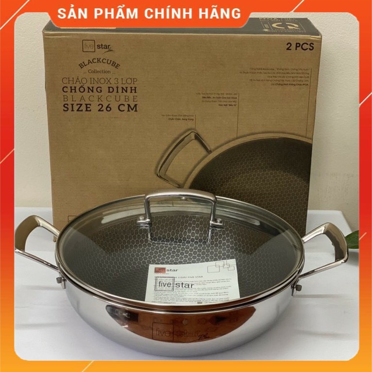 Chảo chống dính 2 quai BLACKCUBE FIVESTAR 3 lớp đáy liền inox 304 siêu bền 24/26/28