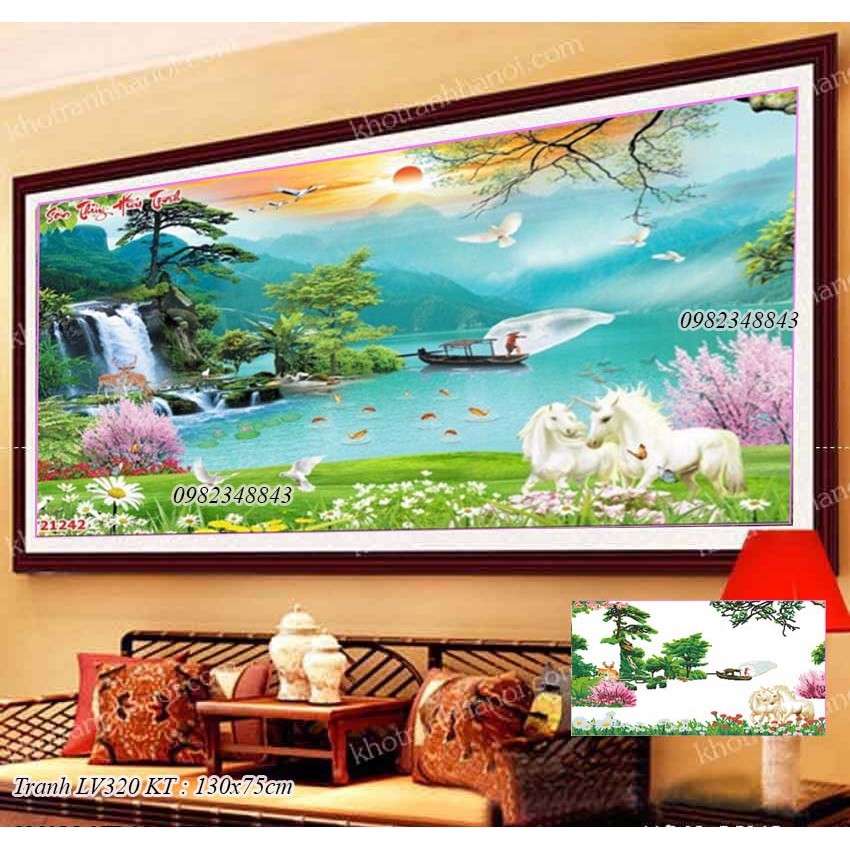 Tranh gắn đá phong cảnh non nước hữu tình KT:130x75cm. Tranh gắn đá chưa đính.