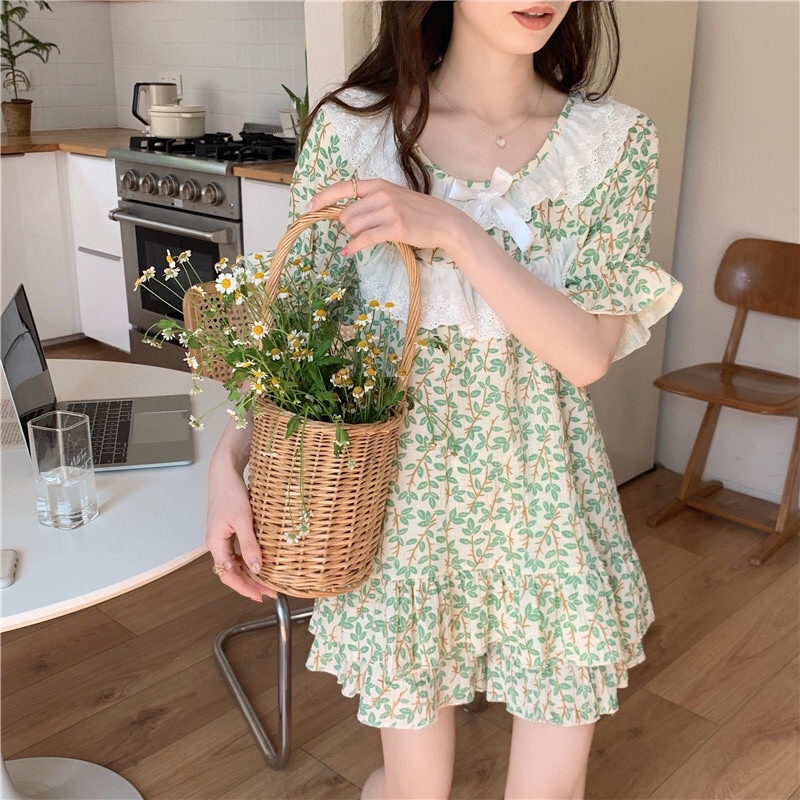 Đồ Ngủ Style Hàn Quốc- Đồ Bộ Nữ Mặc Nhà Tiểu Thư Hoạ Tiết Cổ Tròn Phối Ren Ulzzang