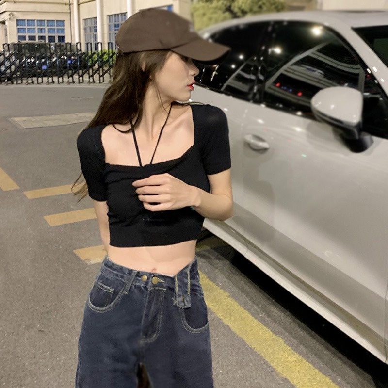 Áo Croptop Dệt Kim Cổ Vuông Màu Sắc Đơn Giản Cho Nữ