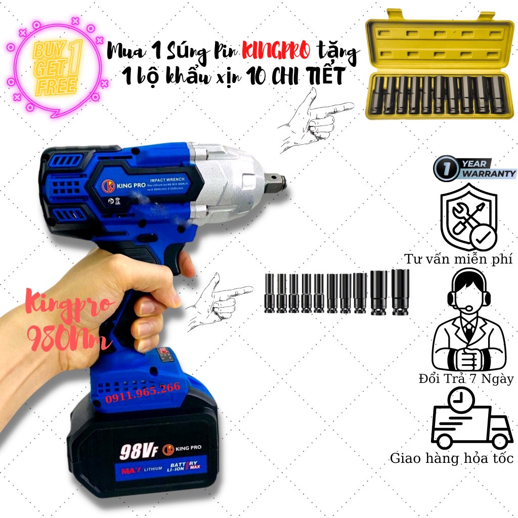 Máy siết bulong KING PRO 2 pin khủng 15 cell lực 980Nm|Mua máy