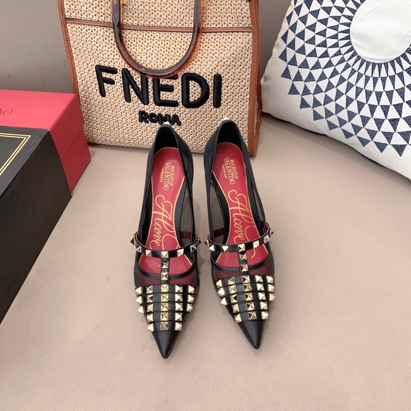 giày cao gót nữ mũi nhọn da phối vải lưới êm chân đính đinh tán gót 9.5cm valentino