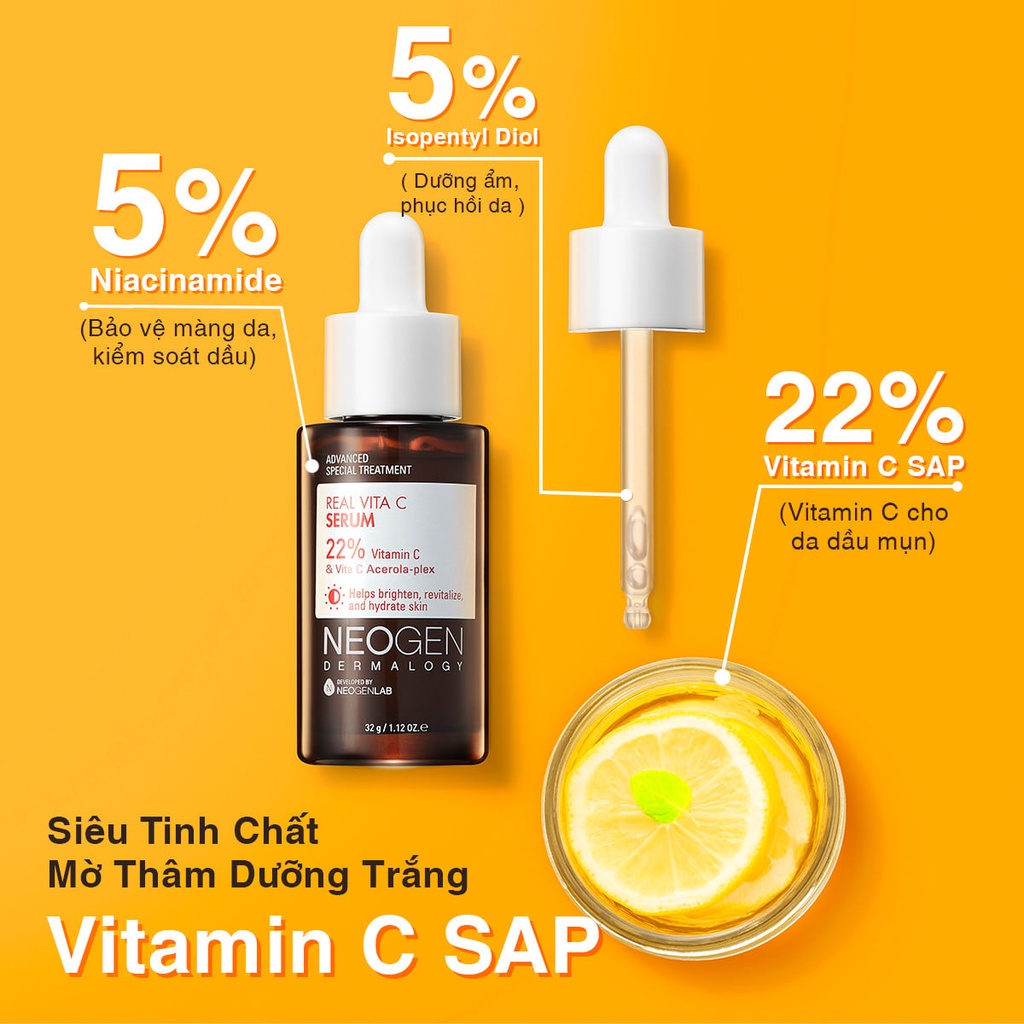 Tinh Chất Serum Dưỡng trắng, mờ thâm Vitamin C SAP 22% Neogen Dermalogy Real Vita C  32ml