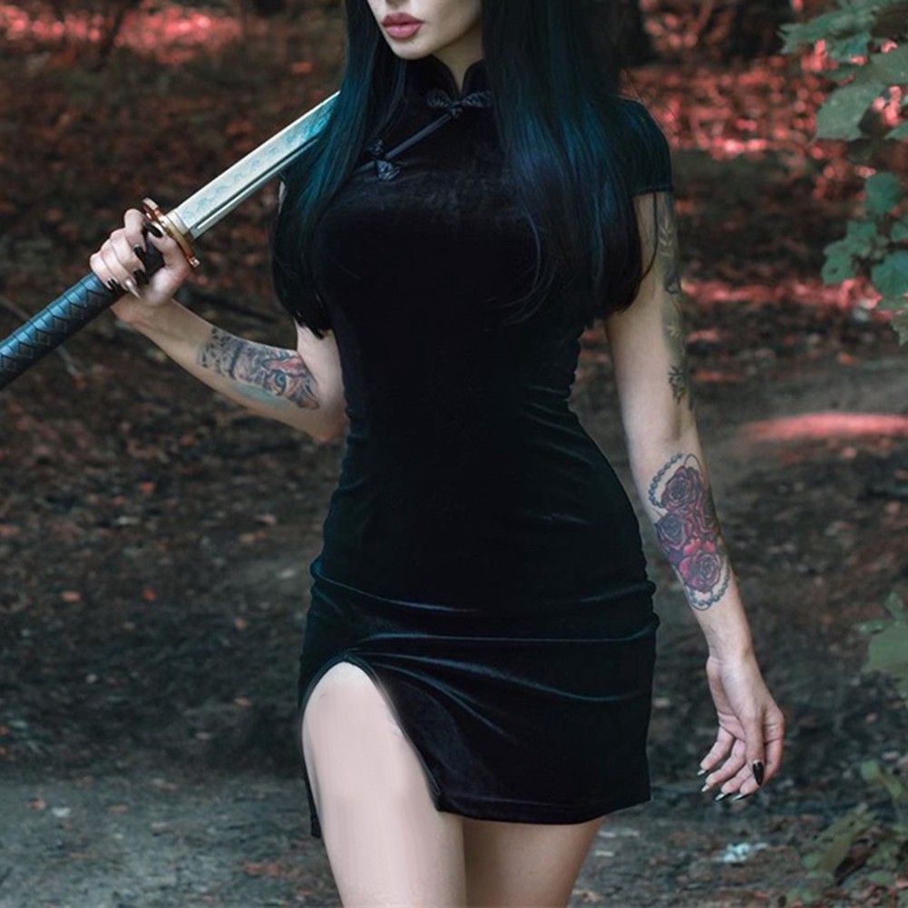 Chinese Women Solid Color Velvet Short/Long Sleeve Bodycon Cheongsam Mini Dress | BigBuy360 - bigbuy360.vn