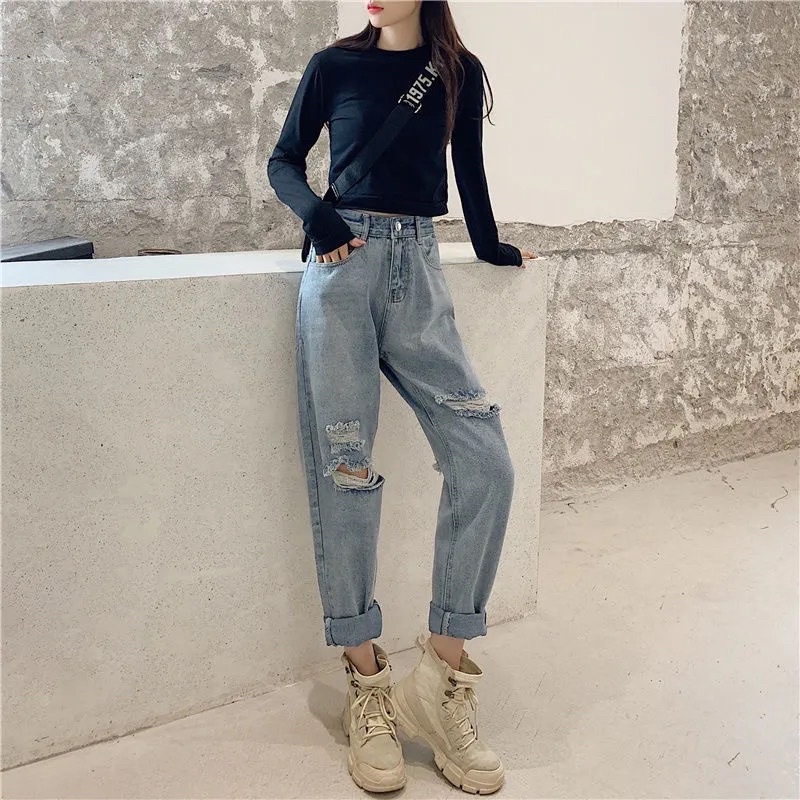 Quần Jean Nữ Ống Đứng Màu Xanh Bạc Rách Mài Gối Cạp Cao Phong Cách Ulzzang Cá Tính Ngầu Chất Hàng Quảng Châu