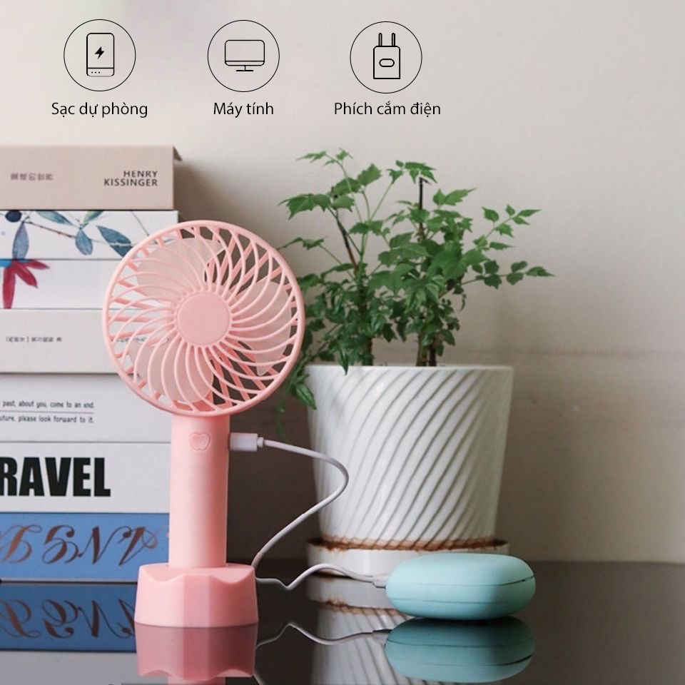 Quạt mini cầm tay Hatties tích điện 3 chế độ gió có đế để bàn tiện lợi sạc USB nhanh chóng - QMN01