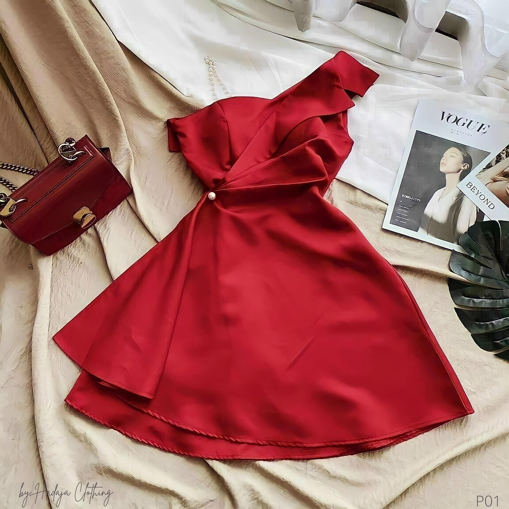 Váy dự tiệc nữ ❣️ đầm xòe lệch vai dây cườm kèm mút ngực sang trọng P01