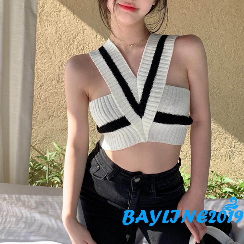 Áo Croptop Dệt Kim Sát Nách Cổ Chữ V Màu Sắc Tương Phản Thời Trang Mùa Hè Cho Nữ