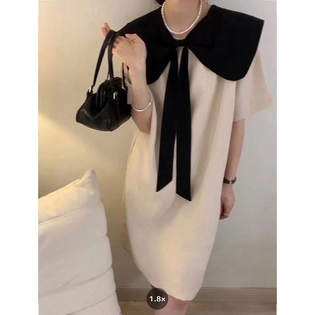 Đầm Cổ Búp Bê Dáng Rộng Màu Sắc Tương Phản Đính Nơ Thời Trang Xinh Xắn
