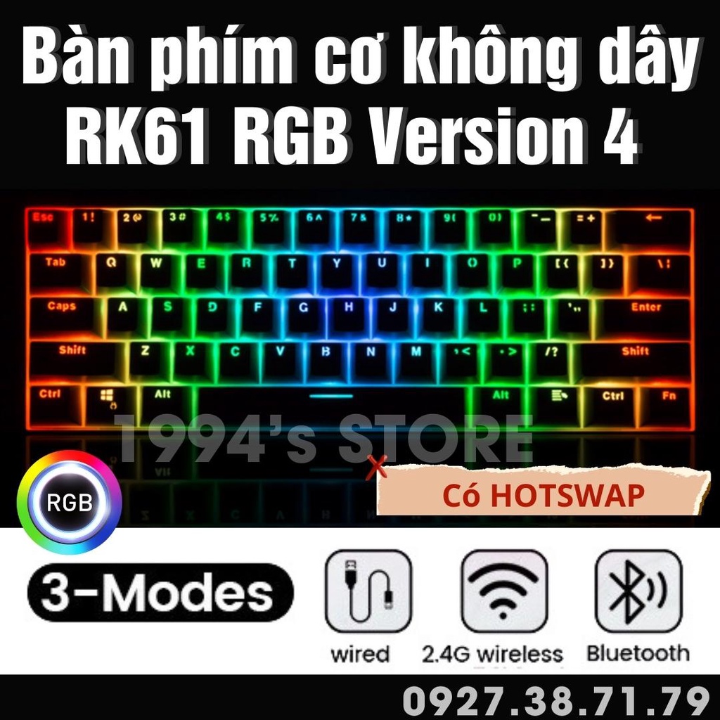 HOTSWAP - Bộ Kit Bàn Phím Cơ RK61 Version 4.0 Không Dây - Bluetooth 5.1 - Wireless 2.4G - Led RGB Custom bằng phần mềm