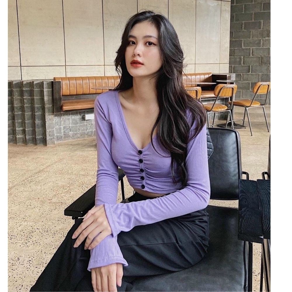 Áo croptop nữ tay dài kiểu ôm bigsize len tăm body cổ tim có nút cúc mềm mịn co dãn nhiều màu dễ phối đồ KIMDESIGN A002