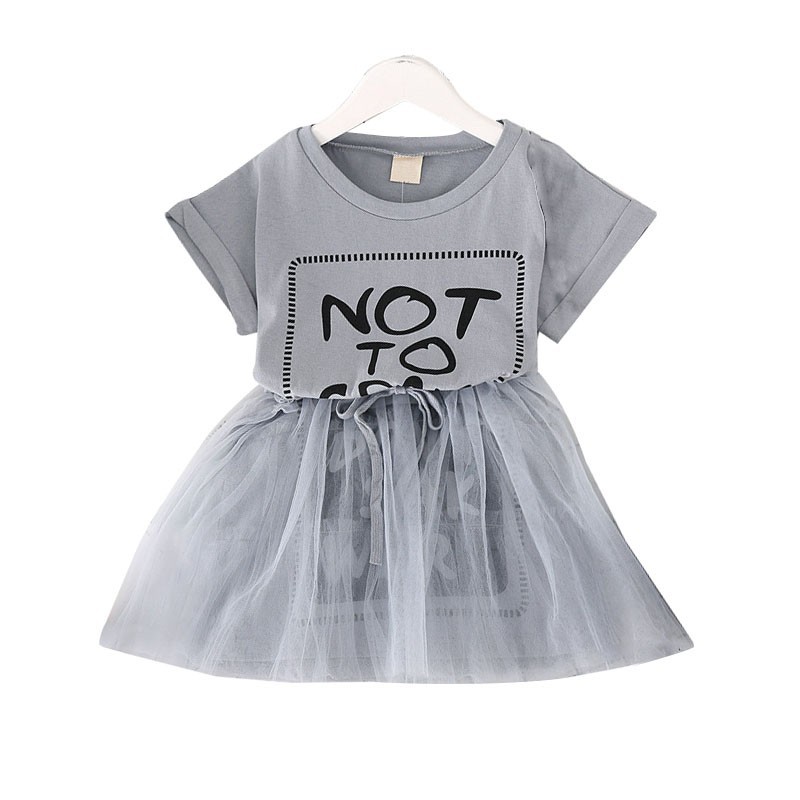 Đầm cotton xòe ngắn tay in chữ thời trang cho bé gái