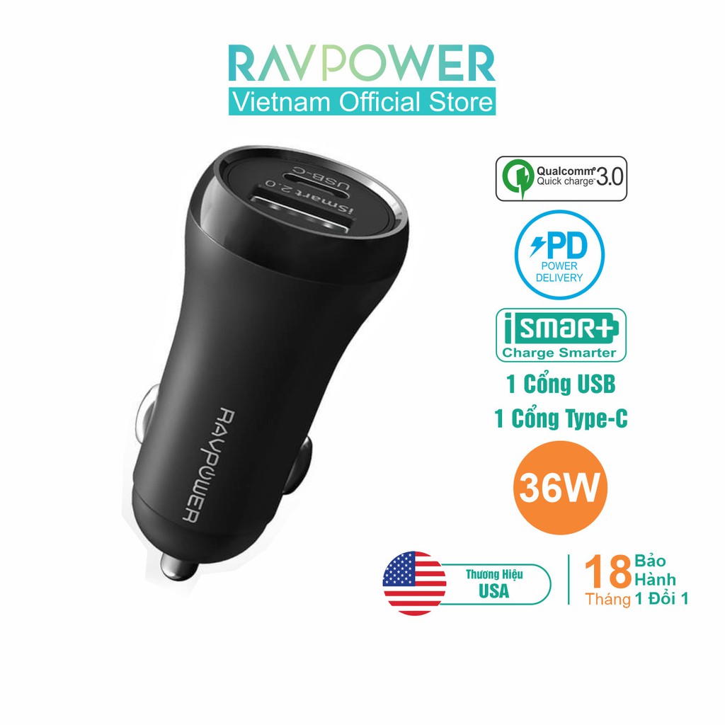 Củ Sạc Điện Thoại Trên Ô Tô RAVPower RP-PC091 36W Quick Charge 3.0, USB Type C PD 18W, iSmart 2.0 0 - Hàng Chính Hãng